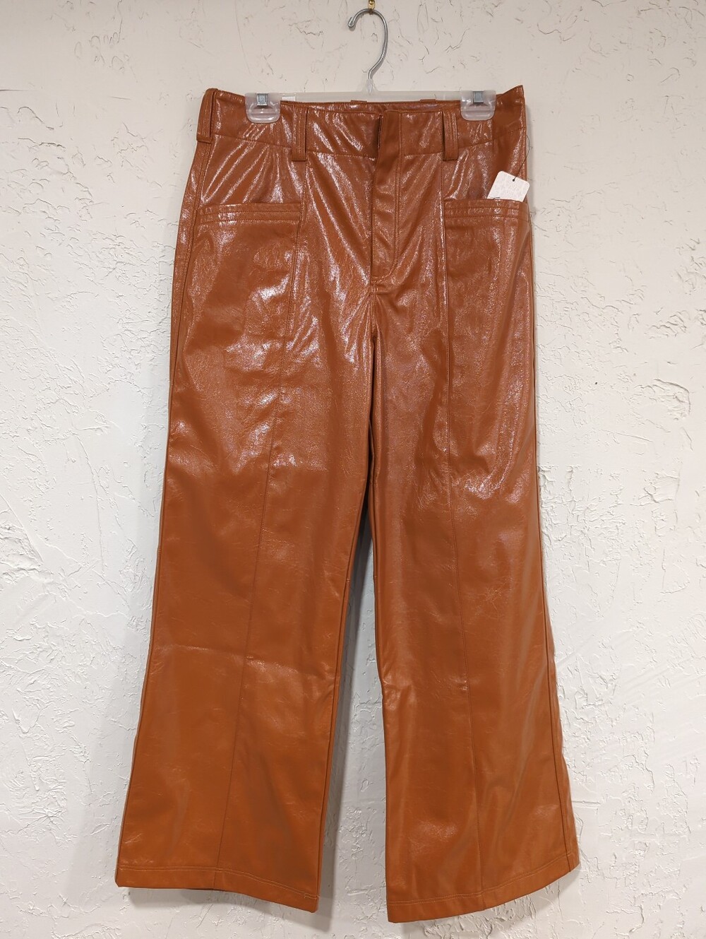 NWT Free People Tan Brown Faux-Leather Pants Straight Leg- Women's 8 Moto Retro